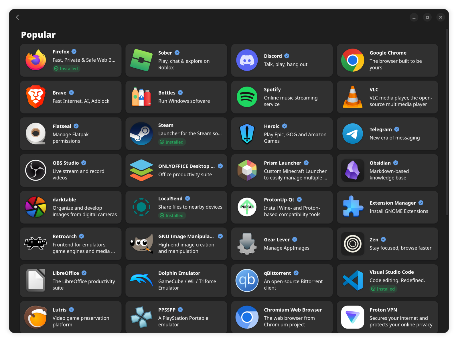 The Bazaar app store in Shale, showing popular apps like Firefox, Discord, Spotify, Steam and OBS Studio