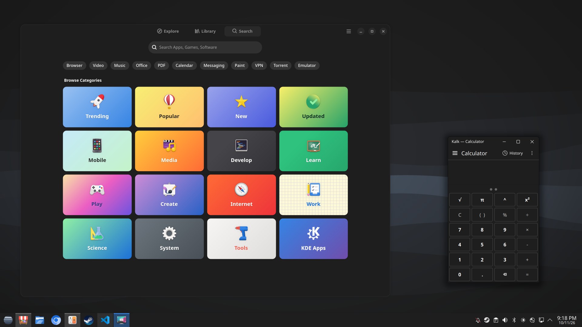 The Shale desktop: the Bazaar app store showing its colourful categories and the Calculator, over the grey layered wallpaper, with the taskbar and start button along the bottom