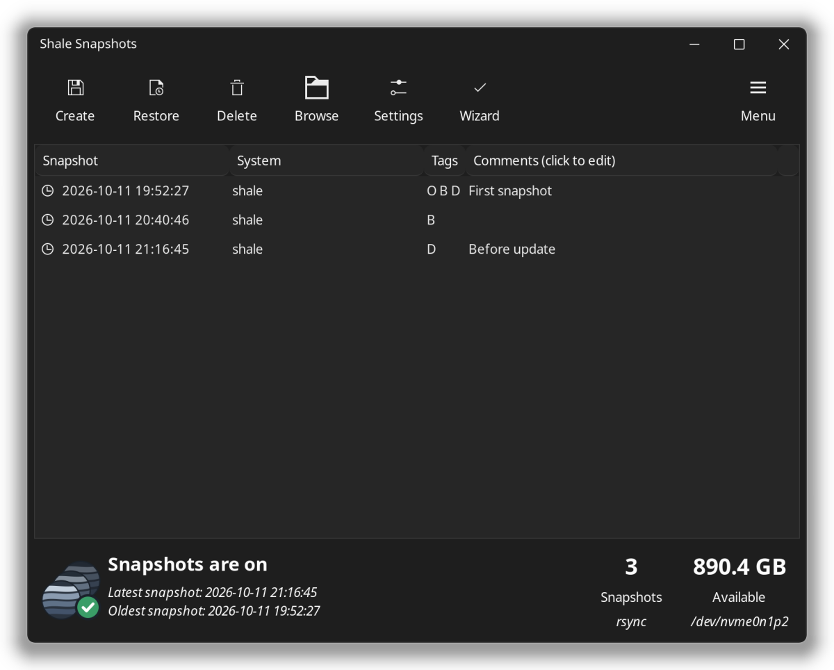 Shale Snapshots listing three saved copies, including one made before an update, with the status Snapshots are on